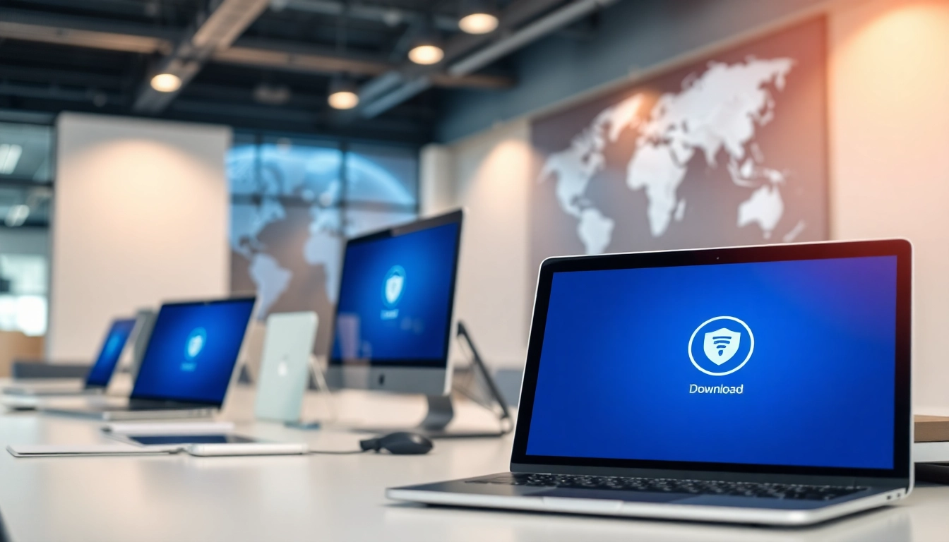 快连下载 interface displayed on various tech devices in a modern workspace, symbolizing global connectivity.