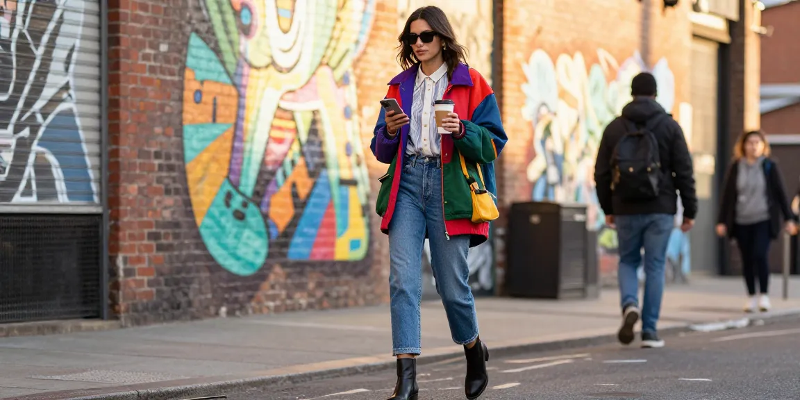 Dynamic urban women's fashion scene with a stylish woman in oversized jacket and jeans enjoying city life.