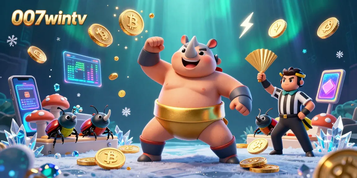 Engage in thrilling gameplay with 007wintv, featuring a sumo beetle champion amidst dynamic crypto casino elements.