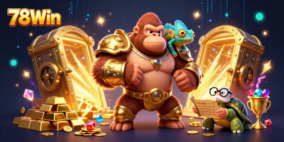 Powerful gorilla king and chameleon character celebrating a win at a vibrant 78Win casino scene.