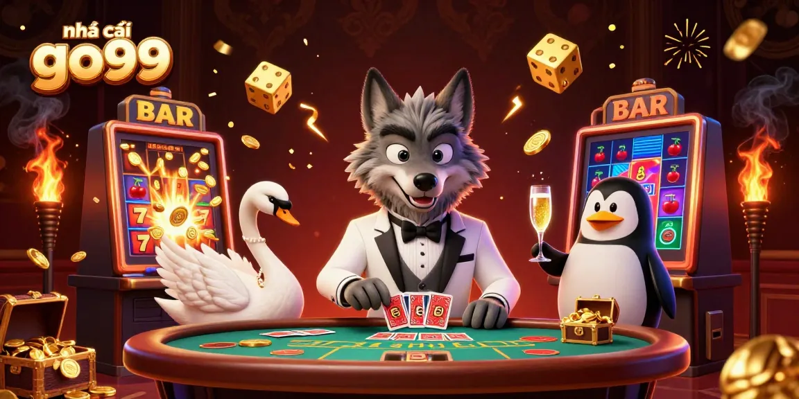 Experience baccarat excitement with the engaging characters at nhà cái go99, surrounded by rich casino elements.