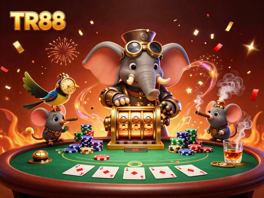 Win big at TR88 with a lively steampunk-themed gambling scene filled with poker and slot elements.