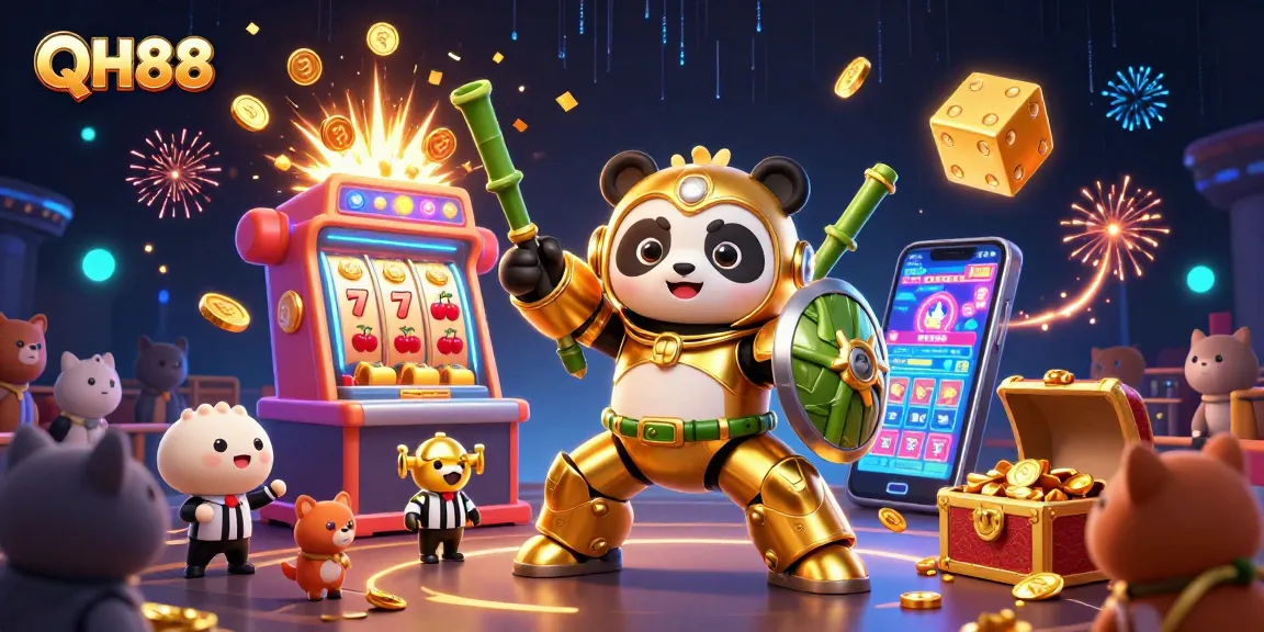 Experience QH88's exciting casino adventure with a vibrant 3D golden panda and dynamic jackpot elements.