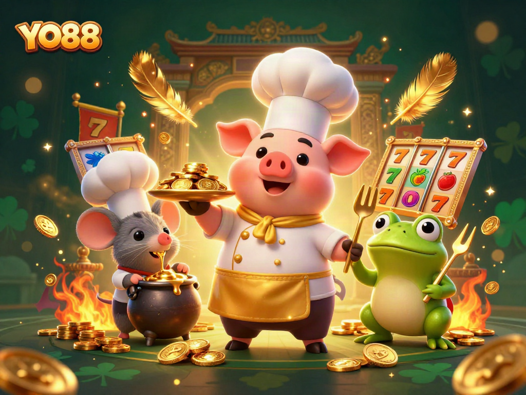 Engage with YO88's vibrant casino world featuring a chef pig, sous-chef mouse, and critic frog.