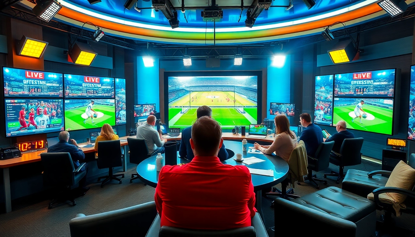 Engaging sports broadcasting scene with commentators discussing live match highlights.