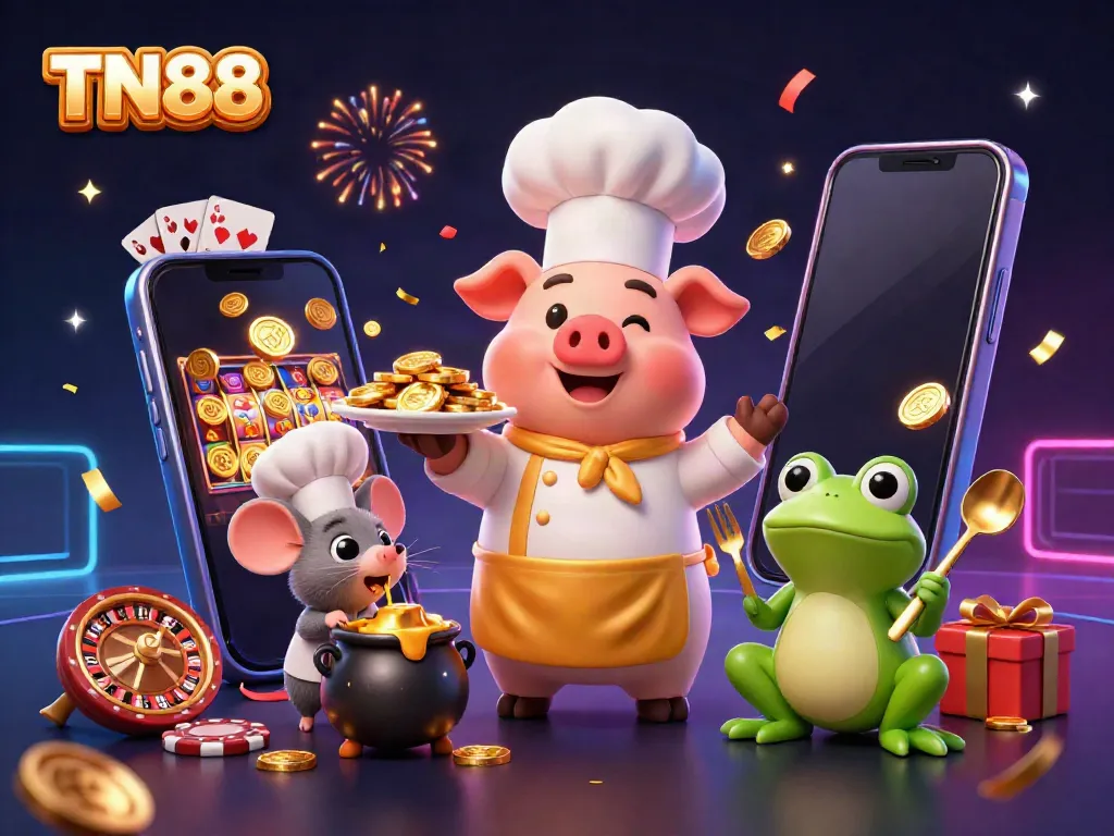 Experience the excitement of TN88 casino with a chef pig, sous-chef mouse, and critic frog amidst gold coins and games.