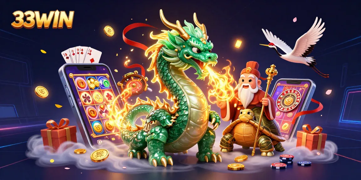 Experience the thrill of winning with 33WIN, featuring an emerald dragon, lucky cranes, and vibrant casino elements.