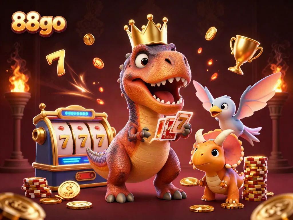 Engaging 88go casino scene with a T-Rex shuffling cards, featuring slot elements and vibrant gold.