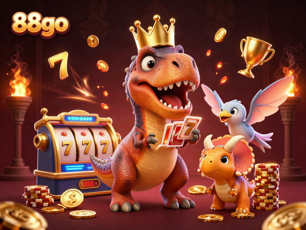 Engaging 88go casino scene with a T-Rex shuffling cards, featuring slot elements and vibrant gold.