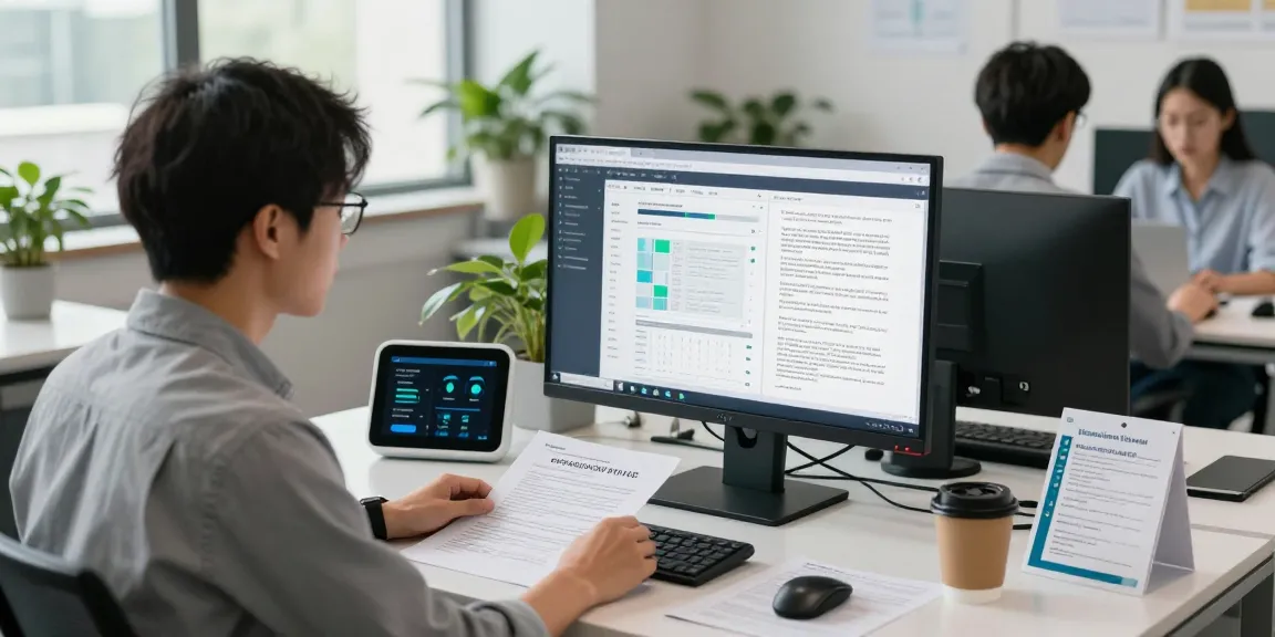 Analyzing document fraud detection process with a focused analyst in a modern office.