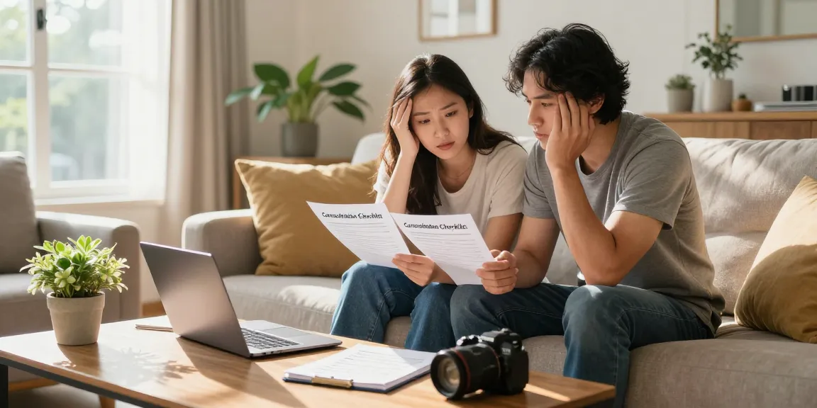 Couple discussing how to get rid of a timeshare in a cozy living room, exuding relief and hope.