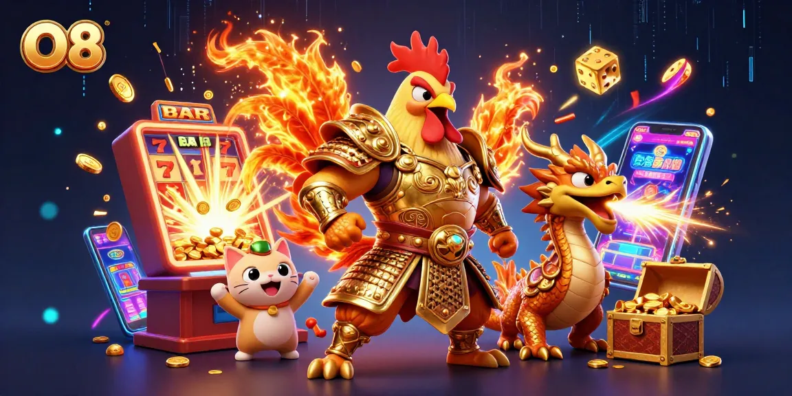 O8 slot machine explosions featuring animated gem-filled rooster and dragon mascots in dynamic casino scene