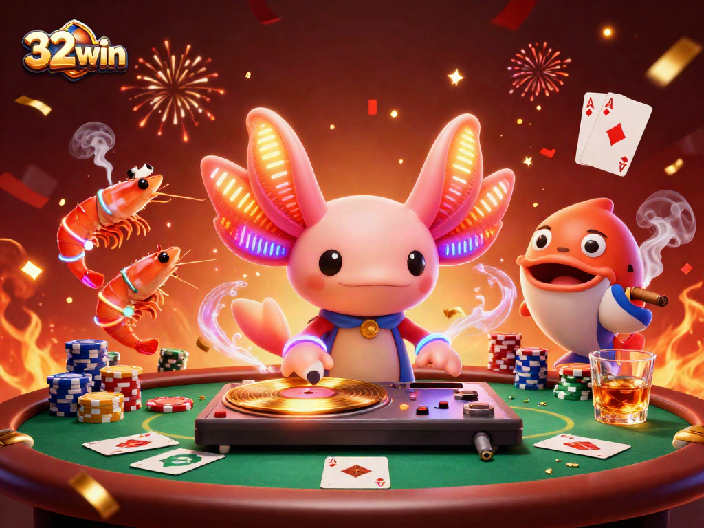 Experience the thrill of 32win's vibrant casino scene with neon characters and action-packed gaming.