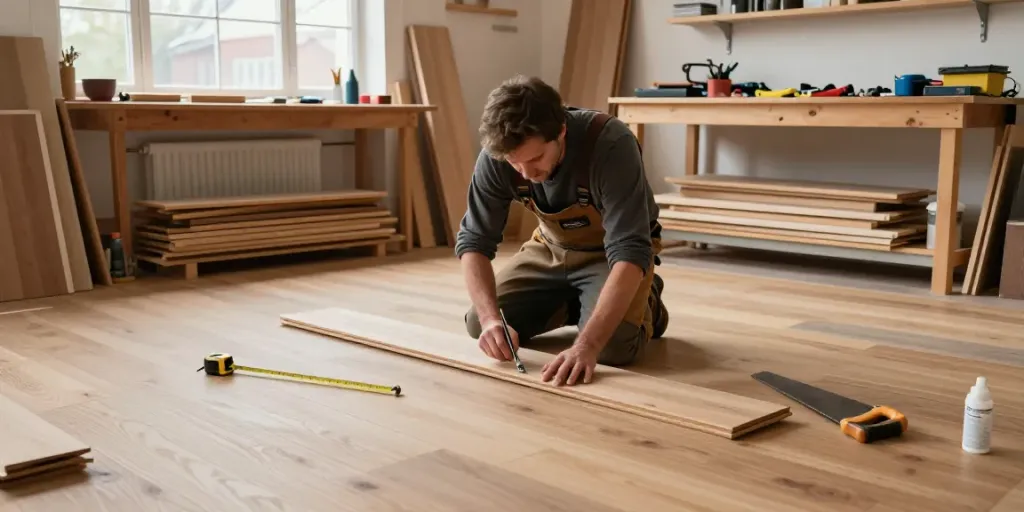 Carpenter in Bergen laying wooden floor, exemplifying quality Bygg Norge craftsmanship.