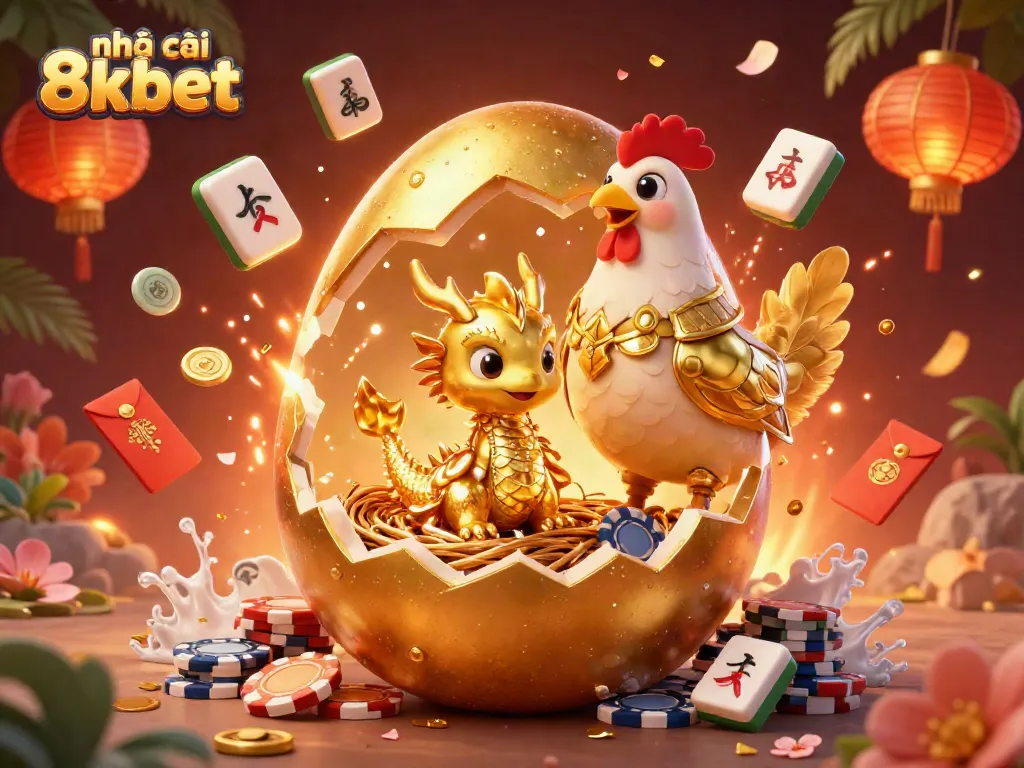 Engage with the excitement of nhà cái 8xbet showcasing a fantastical scene of gaming elements and golden treasures.