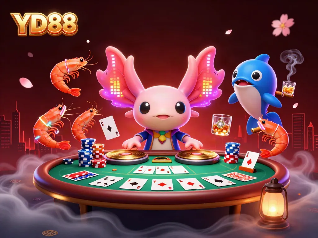 Experience the thrill of YD88 with vibrant characters playing poker and dynamic gaming elements in a stunning 3D scene.