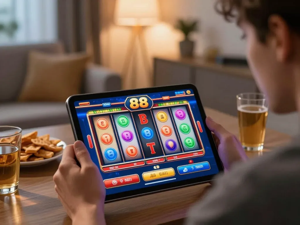 Engaging home gaming session with slot88 displaying colorful spinning reels on a tablet.