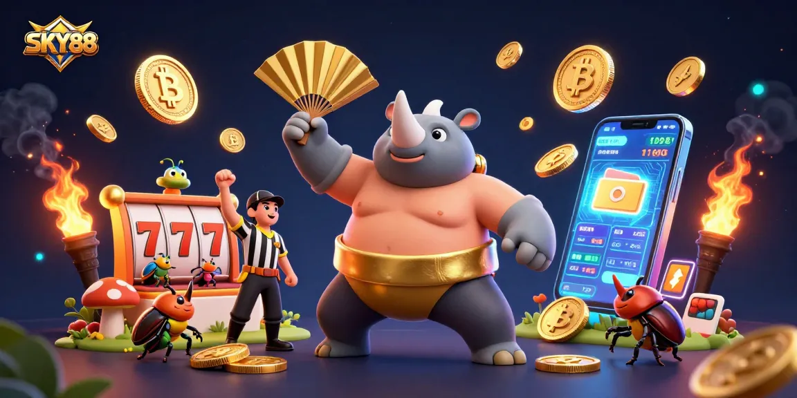SKY88 casino scene with a sumo beetle champion celebrating wins amidst flying coins and slot reels.