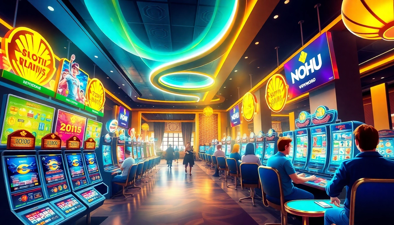 Experience the excitement of NOHU online gaming with vibrant visuals of slot machines, sports betting, and card games.