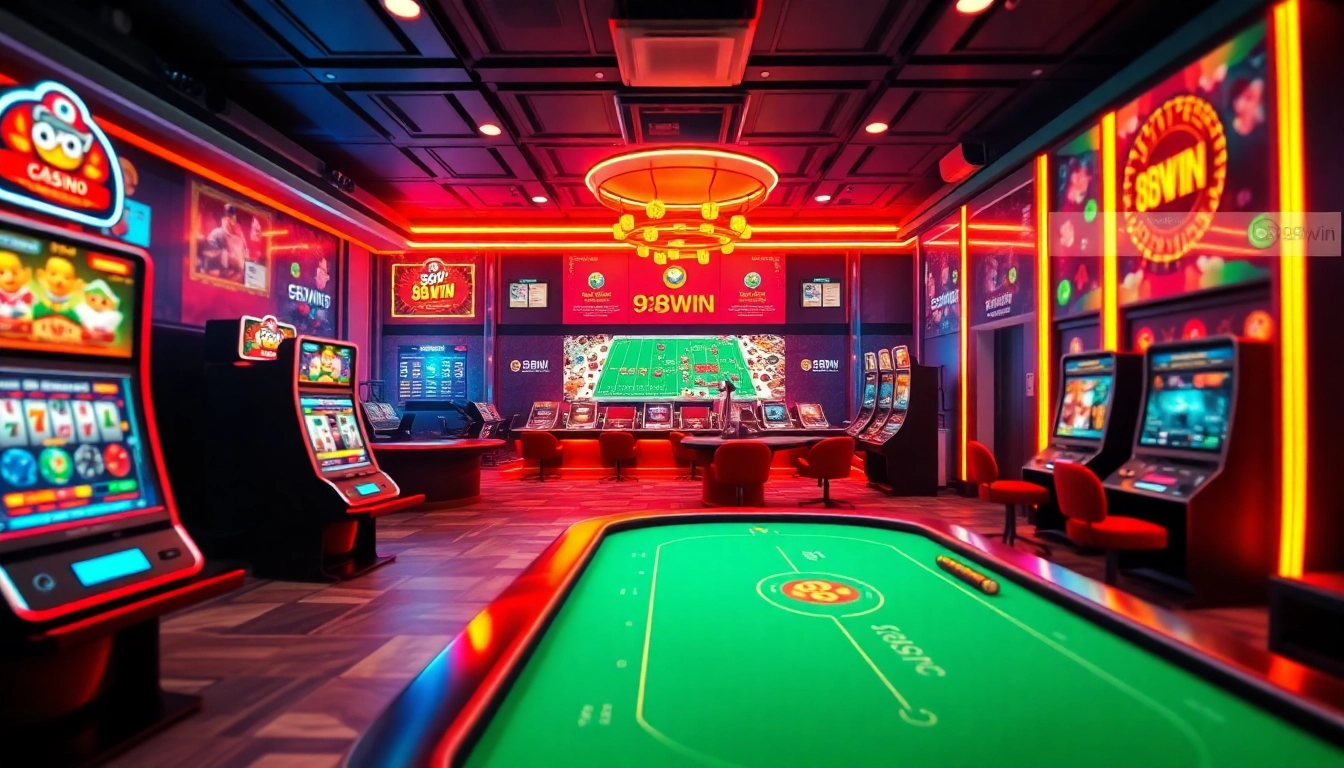 Experience thrilling gaming at 98win's online casino with vibrant slot machines and poker tables.