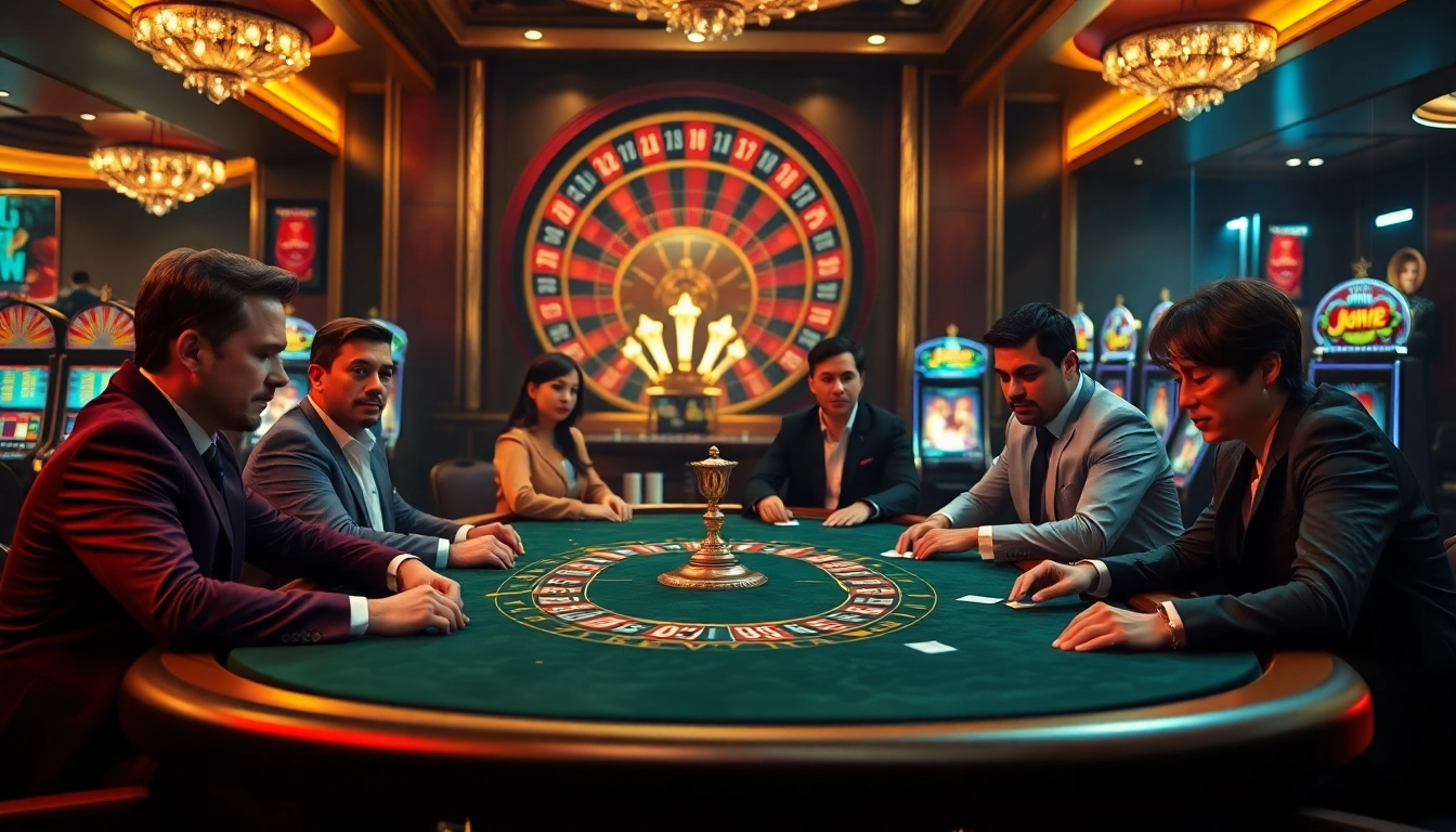 Players engaging in a high-stakes poker game at sv 388 in a luxurious casino setting.