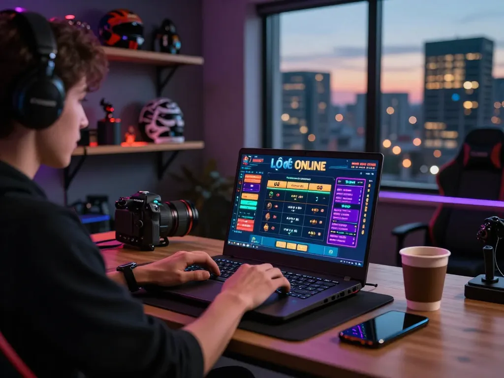 Engaged player enjoying lô đề online betting experience on a stylish desk with city view.
