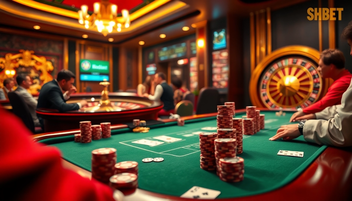 Players enjoying a thrilling game at SHBET casino, with vibrant poker chips and cards visible.