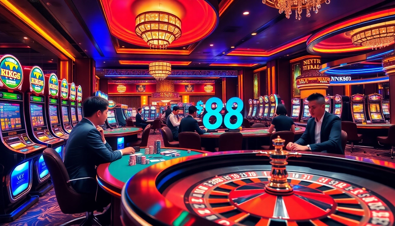 Experience thrilling gameplay at NK88 with live dealers and vibrant slot machines in a luxurious casino setting.