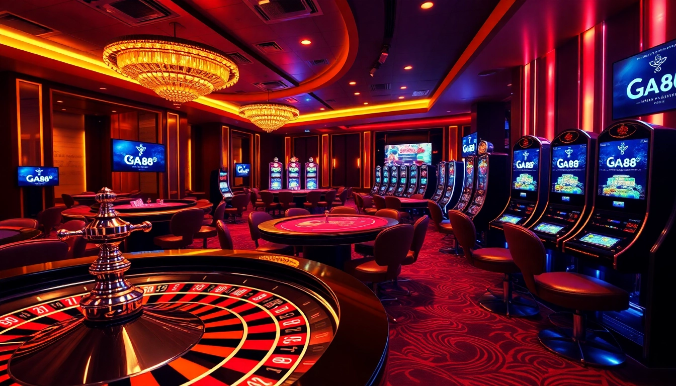 An exciting gambling scene featuring Nhà Cái GA88 with roulette and poker tables in a luxurious casino setting.