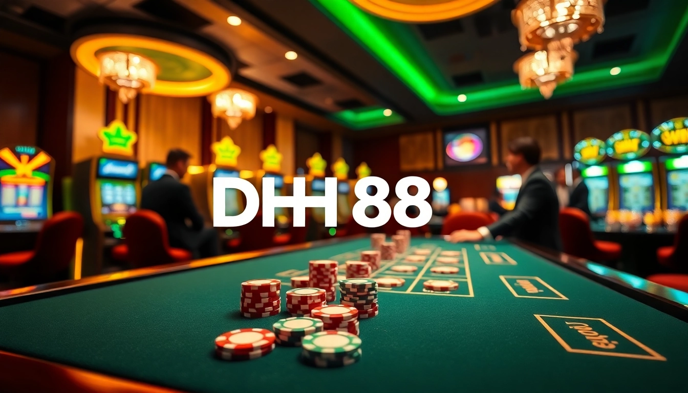 Players enjoying poker and slots at a luxurious casino, showcasing the DH88 experience.