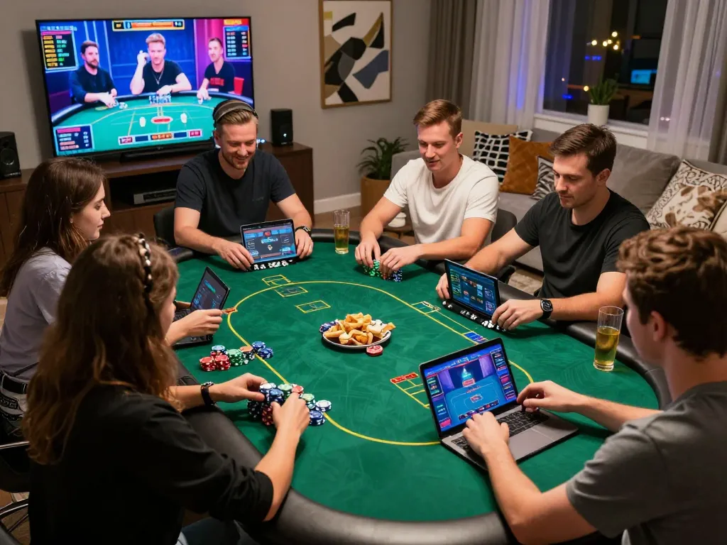 Group of friends playing online casino games on laptops, highlighting Bomwin's engaging atmosphere