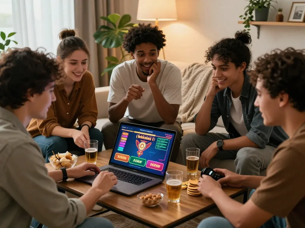 Friends enjoying an online gaming session on https://bomwin.jp.net/ in a cozy living room, showcasing excitement and camaraderie.