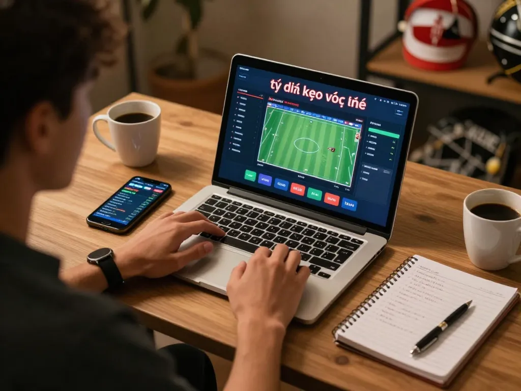Active sports betting scene showing tỷ lệ kèo trực tuyến displayed on a laptop with detailed notes.