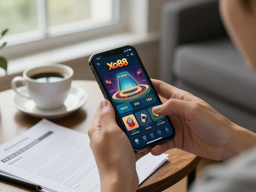 Xo88s mobile app gaming setup, showcasing a person engaged with online casino action.