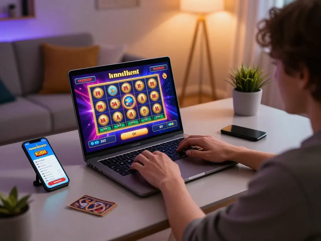 Engaging with KU88 online casino slots on a laptop in a cozy home setting