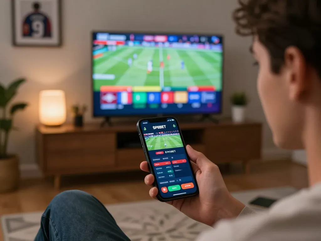 Engaged user placing sports bets on the SP8BET app, showcasing excitement in a cozy home setting.