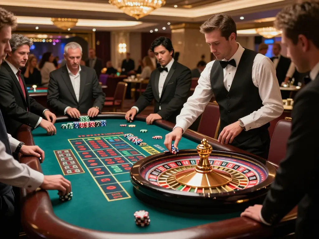 Engaging scene of players at a roulette table with DA88 excitement in a luxurious casino environment.