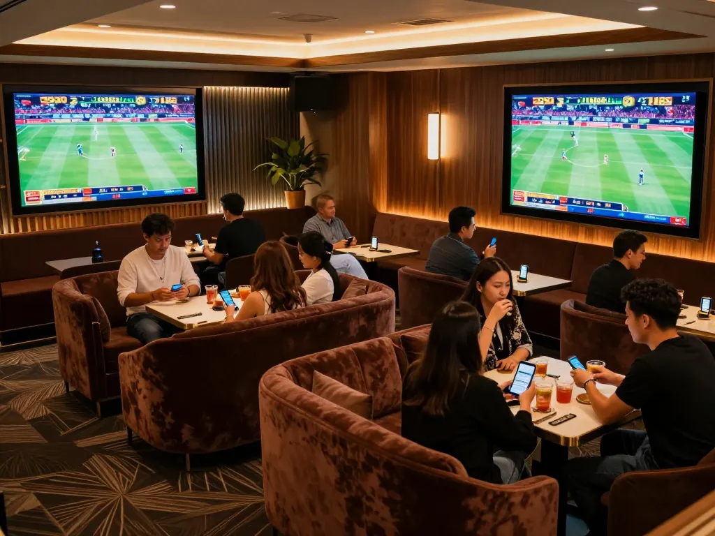 Tỷ lệ kèo nhà cái hôm nay analysis in an upscale sports betting lounge, bettors excitedly discussing odds.