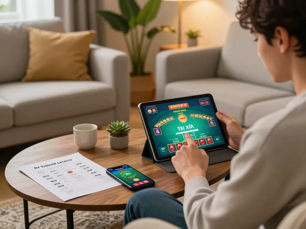 Player enjoying Tài Xỉu online at home using taixiuonlinego app on a tablet with strategy notes.