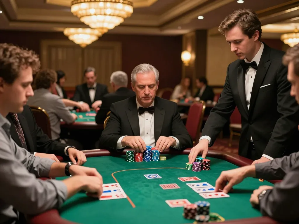 Players in an upscale casino engaged at a poker table, highlighting strategic gameplay at trang chủ 5679.