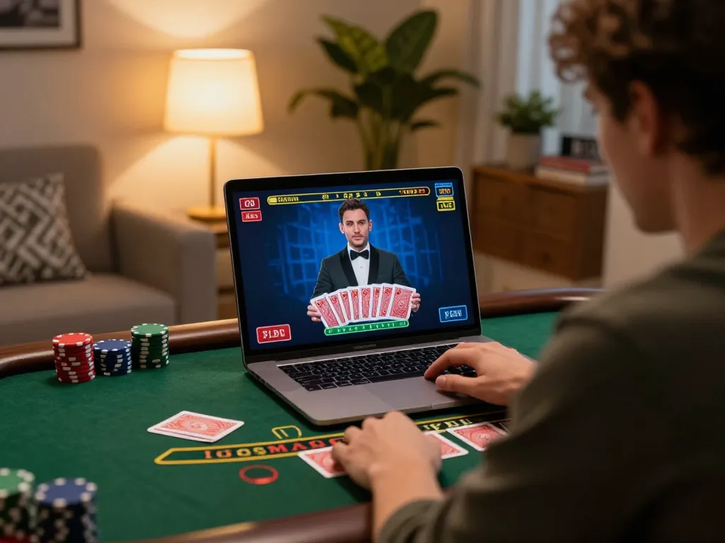 Player enjoying live dealer blackjack on a laptop at home, reflecting gk88's engaging online gaming experience.