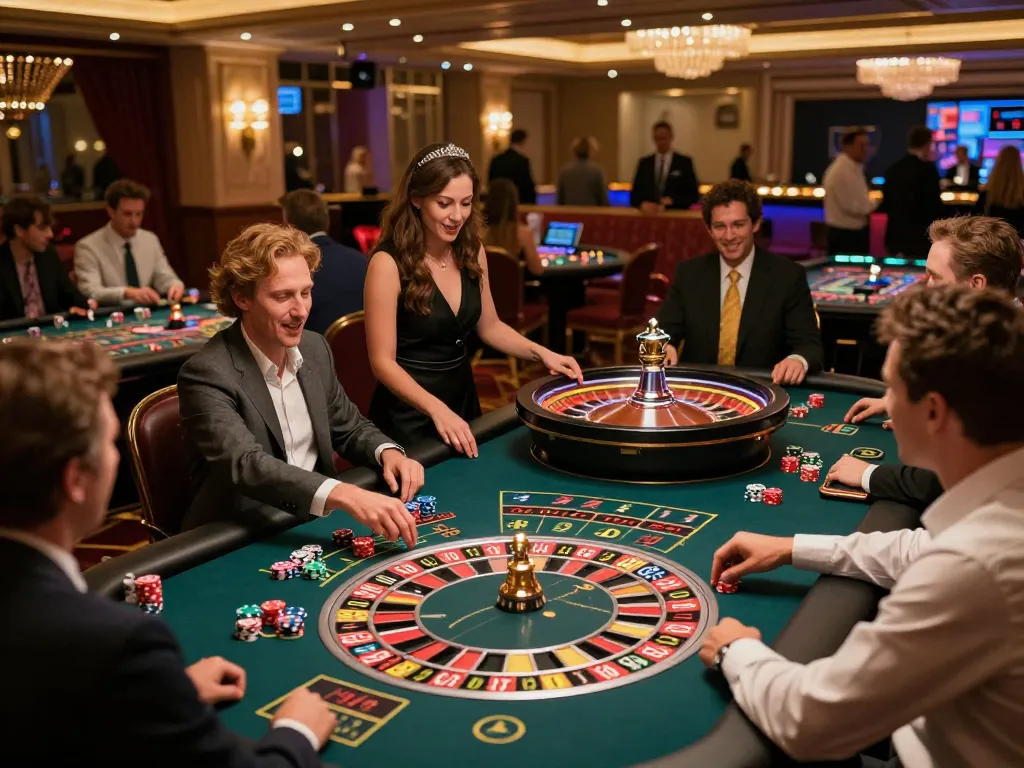 Vic88 players placing bets at roulette tables in a lively casino atmosphere.