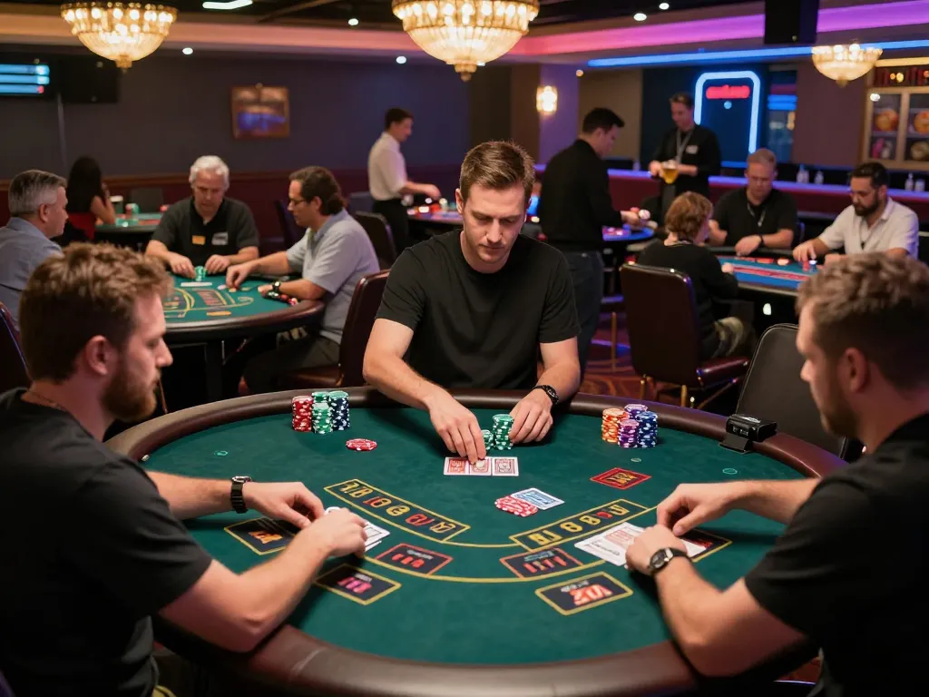 Gameplay in a vibrant casino floor showcasing 8 live excitement with players at various gaming tables.