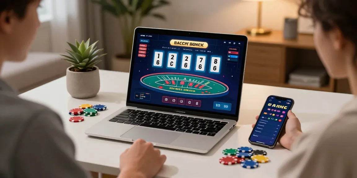 Engaging baccaratออนไลน์ gaming at home with laptop and vibrant casino setting.