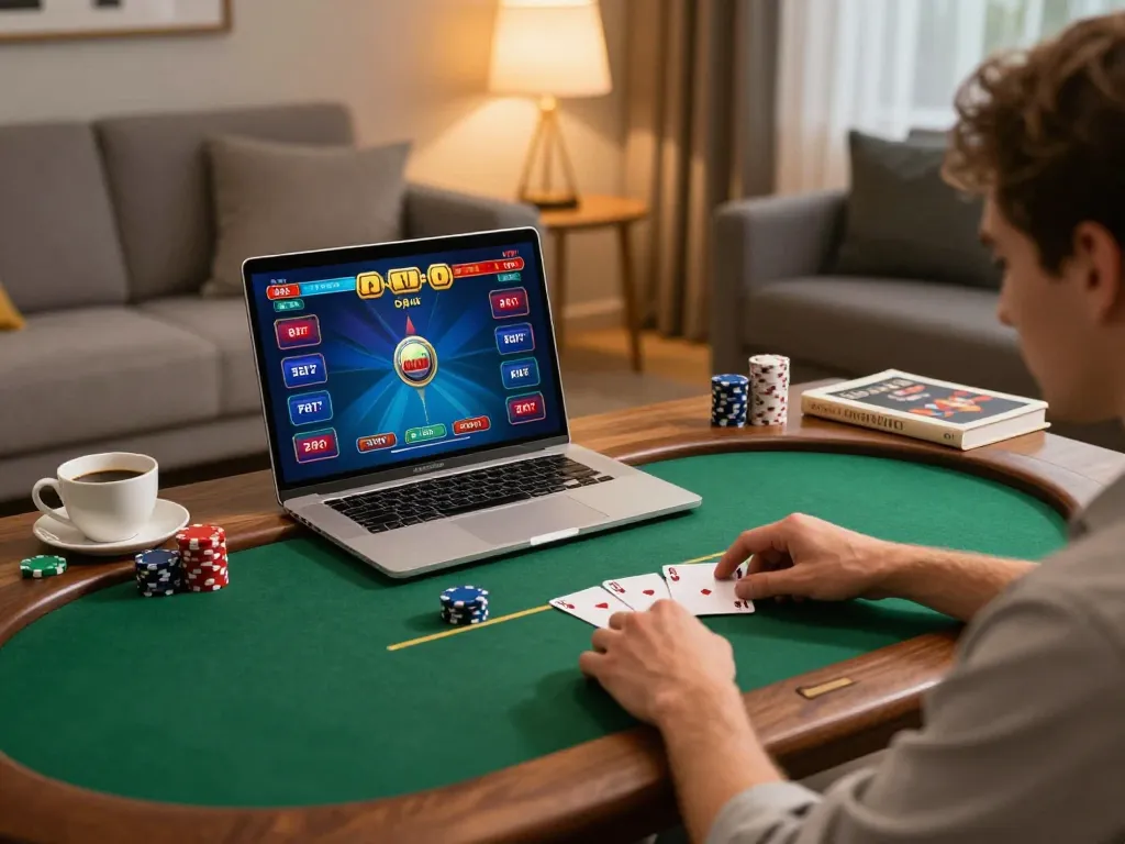 Engaging online gaming experience with 33winvn on a laptop in a cozy home setting.