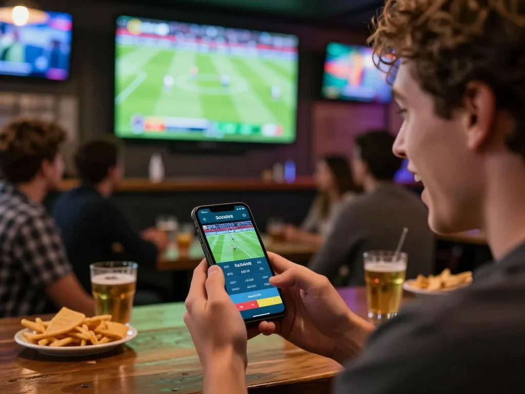 Socolive user actively placing live bets on smartphone during a football match at a lively sports bar.