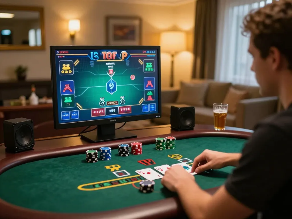 MIG8 player engaging in live dealer blackjack in a modern home setup, celebrating strategic gameplay.