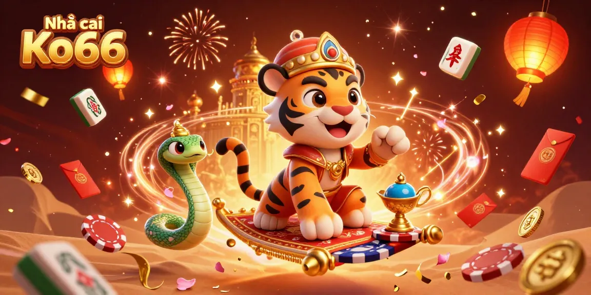 Engage with Nhà cái Ko66 in a vibrant, animated 3D casino scene filled with exciting gaming elements.