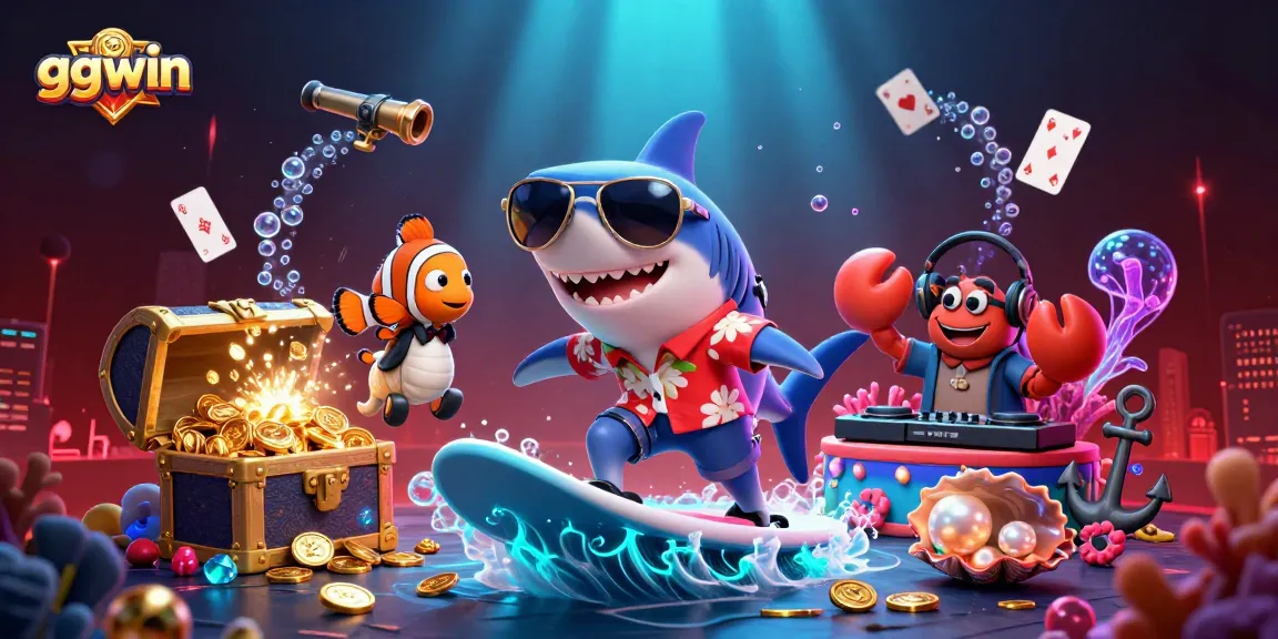 ggwin characters surf through gold coins in a vibrant underwater casino scene