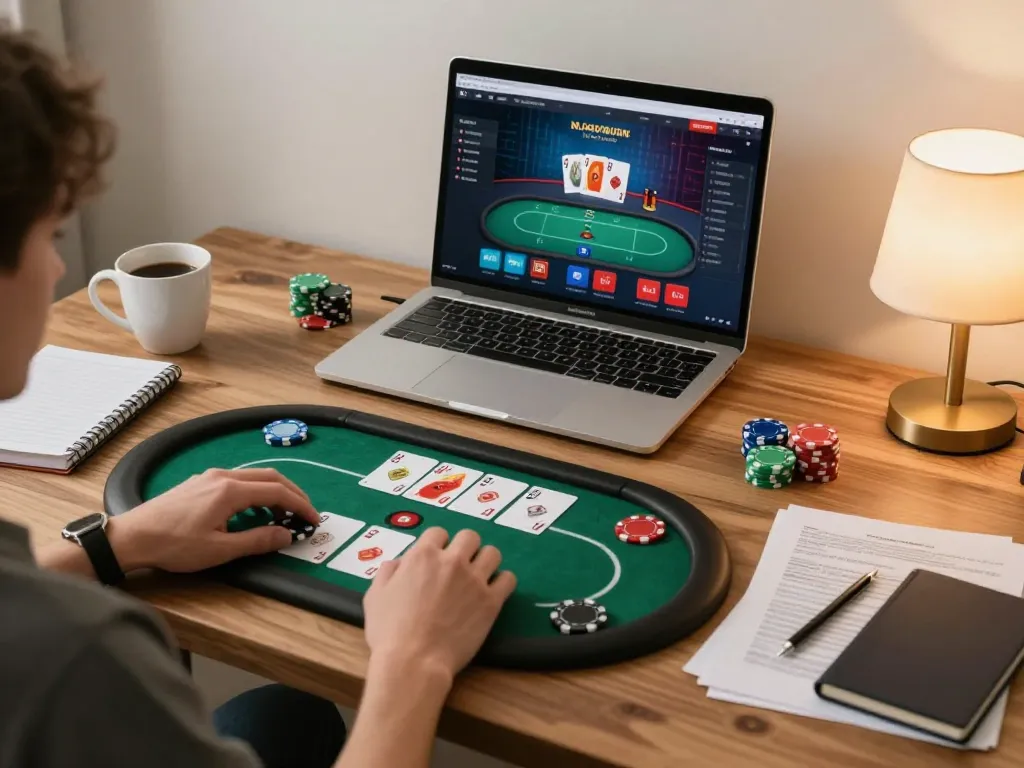 Enjoying online gambling at home with vic88 vip, playing poker on a tablet amidst warm ambiance and strategy notes.